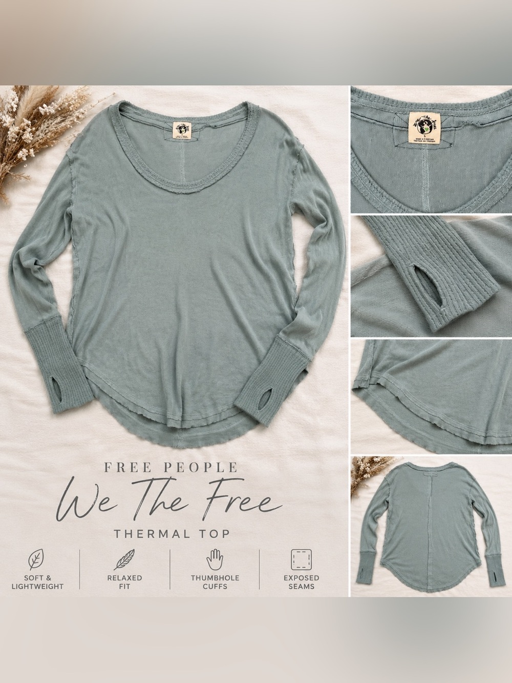 Free People We The Free Thermal Long Sleeve Top Sage Green Exposed Seam